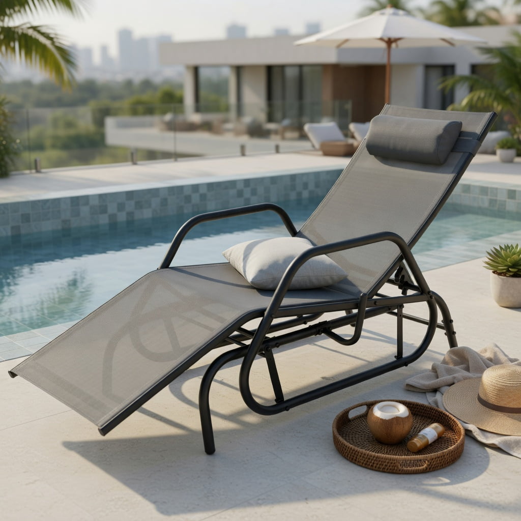 Hommoo Outdoor Chaise Lounge Glider Chair with Adjustable Backrest, Removable Pillow & Quiet Gliding Arms, Fabric & Metal Design, Gray
