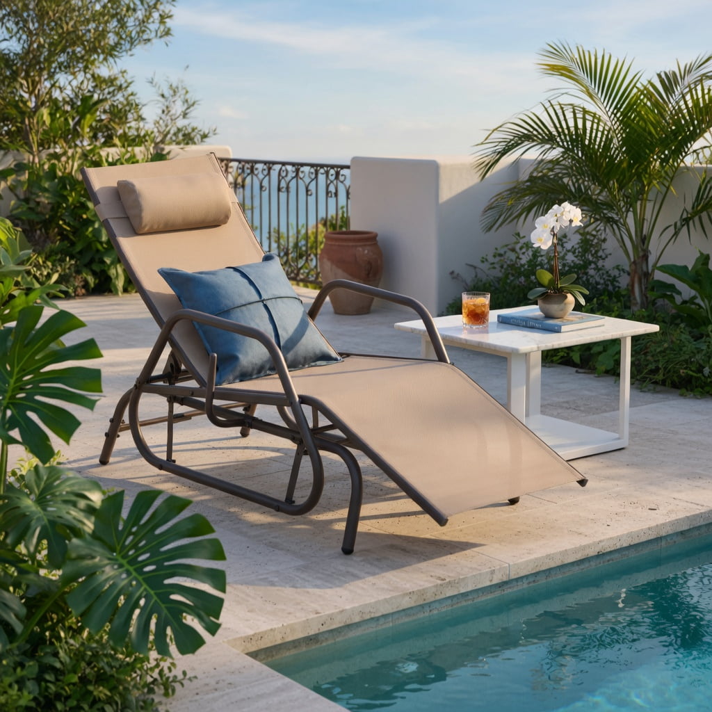 Hommoo Outdoor Chaise Lounge Glider Chair with Adjustable Backrest, Removable Pillow & Quiet Metal Frame, Rustic Brown