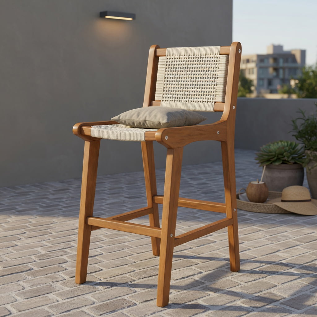 Hommoo Outdoor Counter Height Bar Stool, Teak Wood Frame with Hand-Woven Natural Rattan Seat, 26" Seat Height, Rustic Boho Patio & Kitchen Island Chair, Natural