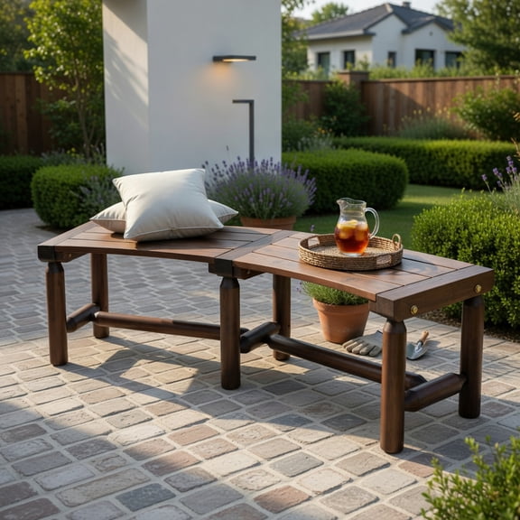 Hommoo Outdoor Curved Patio Bench for Round Tables, Slatted Wood Bench, 55" Seating, Easy Assembly, Rustic Brown