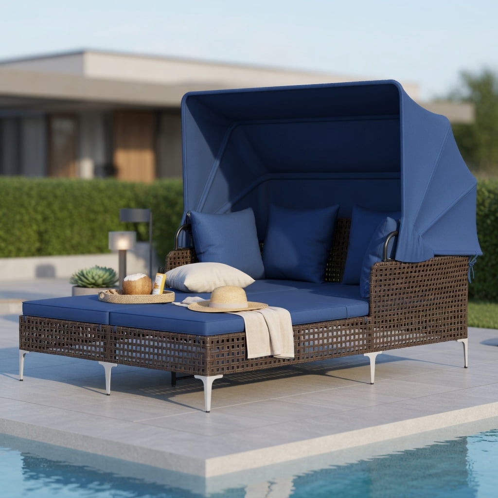 Hommoo Outdoor Daybed with Retractable Sun Canopy, PE Wicker Patio Lounger with Cushions, Ideal for Backyard, Poolside & Garden, Navy