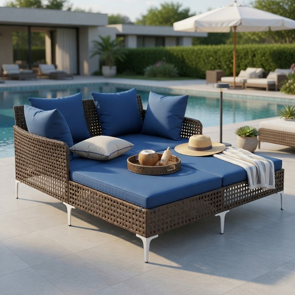 Hommoo Outdoor Double Rattan Daybed with Beige Cushions, Wicker Chaise Lounge for Patio, Poolside & Backyard, PE Rattan + Steel Frame, Navy