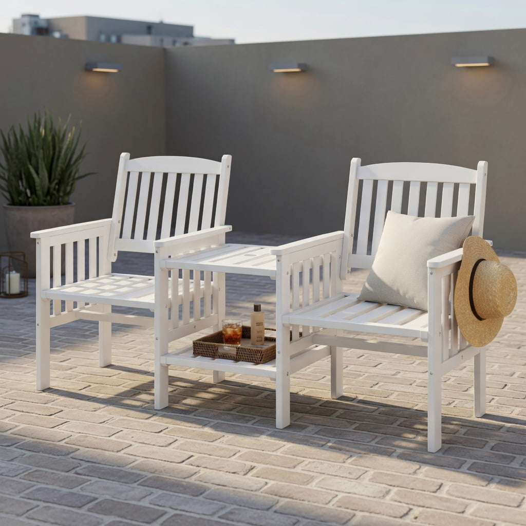 Hommoo Outdoor Fir Wood Loveseat Set with 2-Tier Side Table & 1.96-Inch Umbrella Hole, White