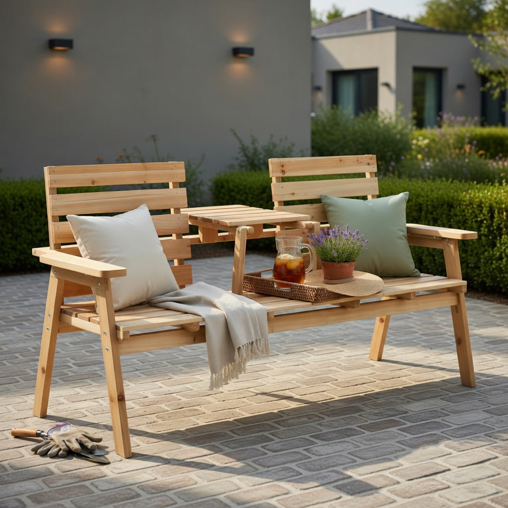 Hommoo Outdoor Folding Fir Wood Patio Bench with Built-in Center Table, Rustic Garden Seating for Backyard, Porch, or Deck, Natural