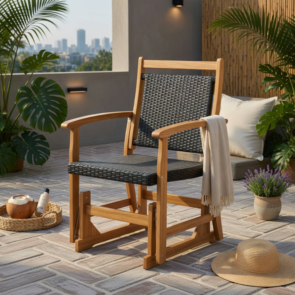 Hommoo Outdoor Glider Chair with PE Rattan Seat & Back, Acacia Wood Frame, Mixed Wicker Patio Rocking Chair for Backyard, Balcony, Poolside, Brown