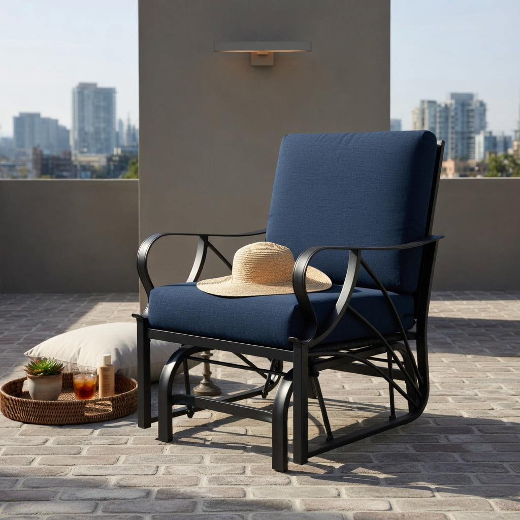 Hommoo Outdoor Glider Rocking Chair with Thick Cushioned Seat, Curved Armrests, Sturdy Metal Frame, Patio, Deck, or Porch Relaxation Chair, Navy