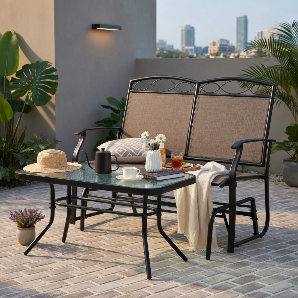 Hommoo Outdoor Gliding Loveseat with Tempered Glass Coffee Table Set, 2-Piece Patio Furniture for Backyard, Porch & Poolside, Metal Frame, Breathable Fabric Seating, Brown