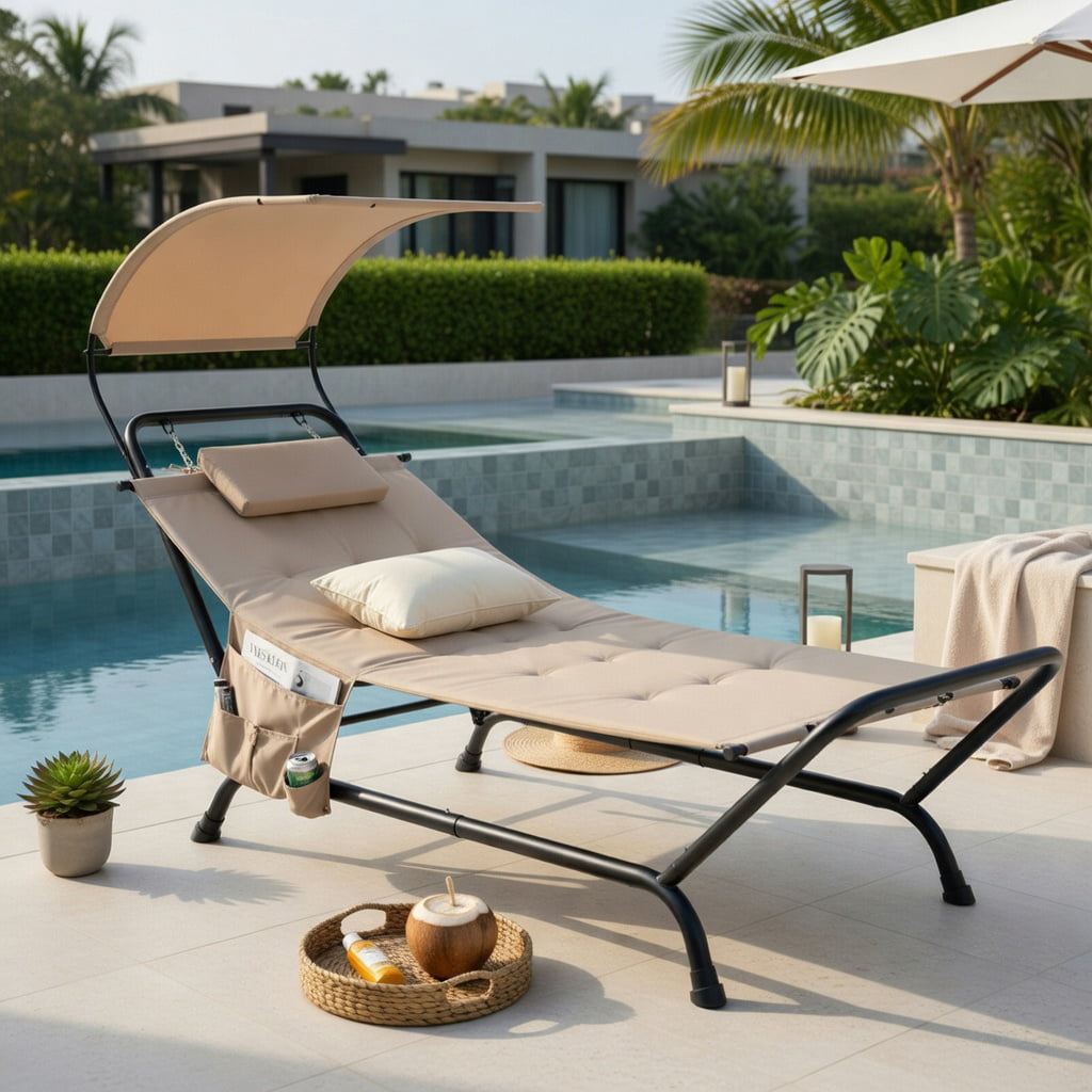 Hommoo Outdoor Hanging Chaise Lounge Chair with Sun-Blocking Canopy, Thick Cushion & Pillow, Heavy-Duty Metal Frame for Patio, Deck, Poolside, Beige