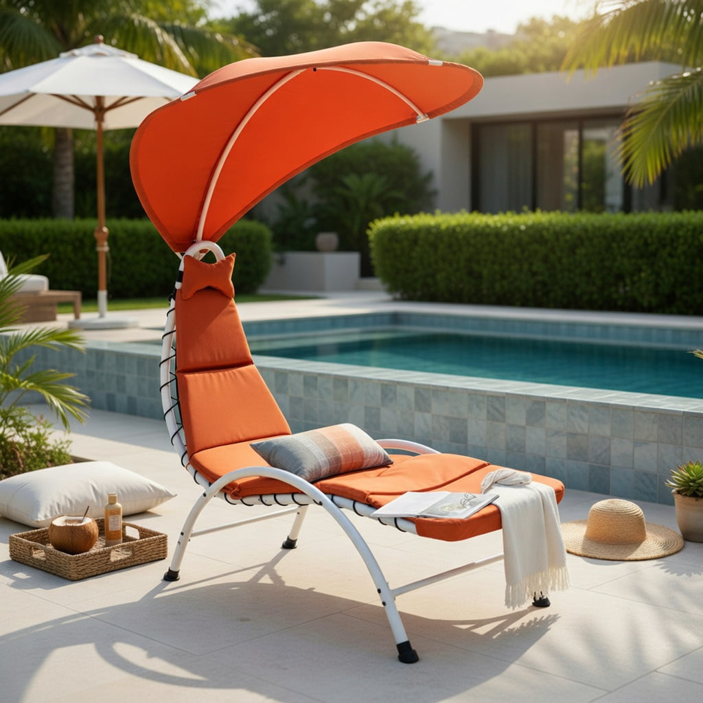 Hommoo Outdoor Hanging Swing Hammock Chaise Lounge Chair with Adjustable Sun Canopy , Heavy-Duty Steel Frame, Weather-Resistant Patio Lounger for Deck, Poolside & Garden, Orange
