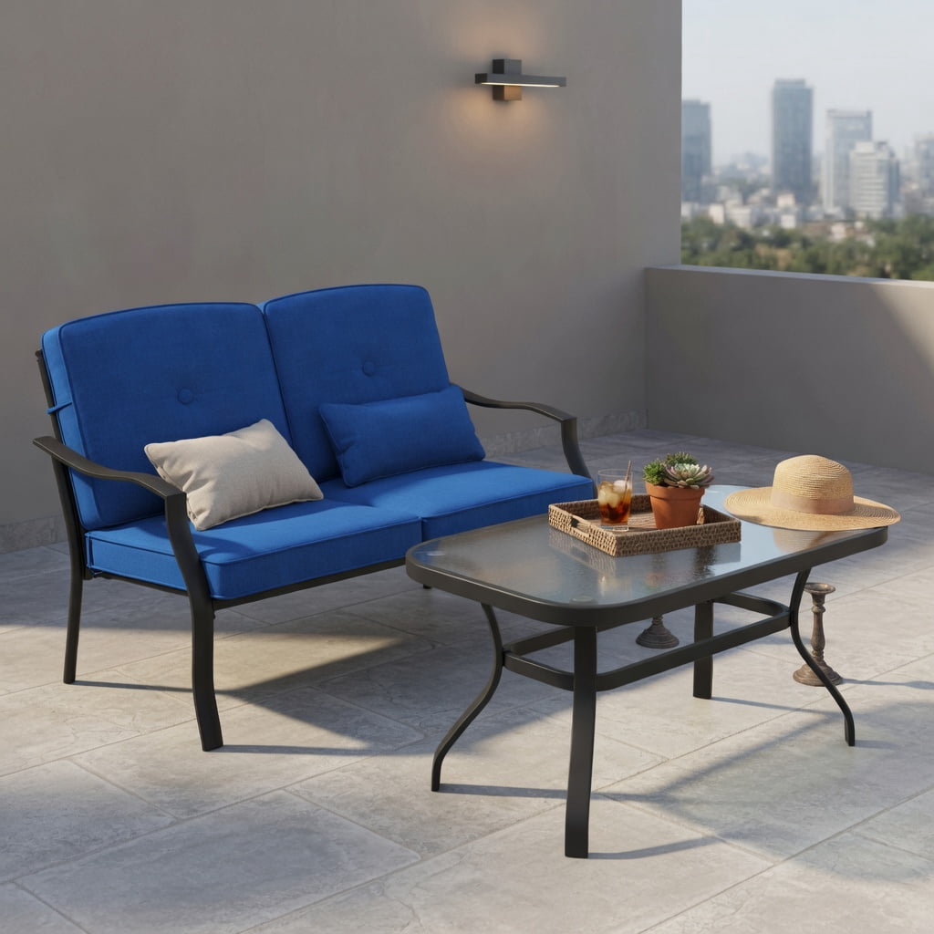 Hommoo Outdoor Loveseat Set with Black Metal Frame, Cushions & Tempered Glass Coffee Table, Patio Seating for Backyard, Poolside & Balcony, Navy