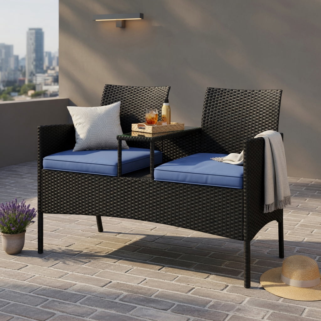 Hommoo Outdoor Loveseat with Built-in Tempered Glass Table, PE Rattan Patio Sofa for Backyard, Porch, Poolside, Navy