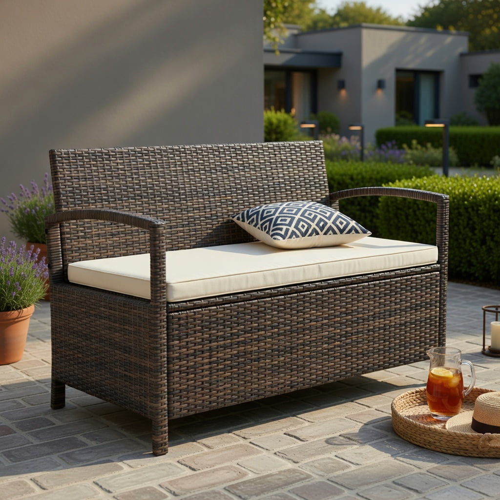 Hommoo Outdoor PE Wicker 2-Person Storage Bench with Beige Cushion, 42-Gallon Waterproof Deck Box for Patio, Garden & Poolside, Natural