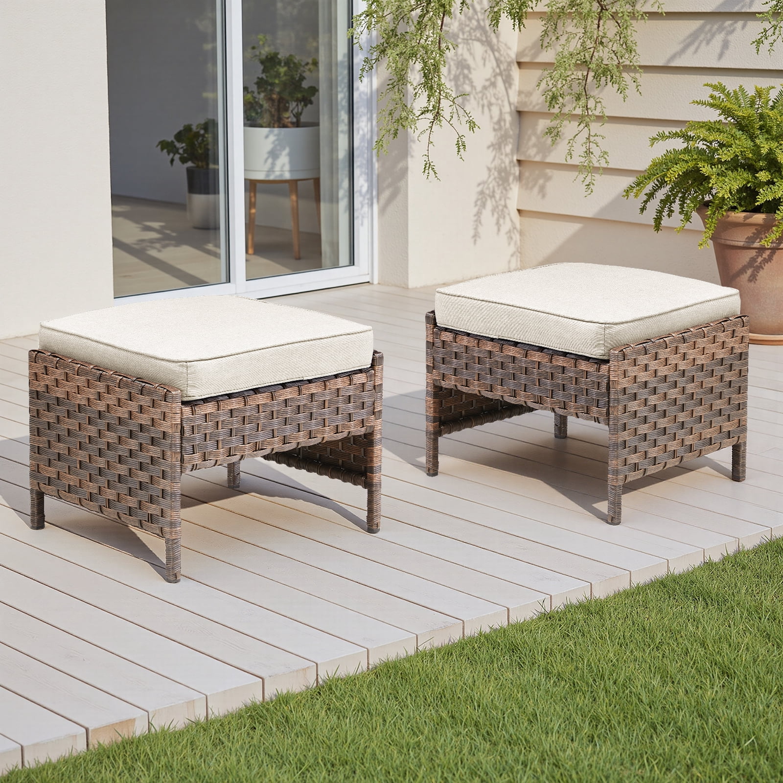 Hommoo Outdoor PE Wicker Ottomans Set of 2, Patio Brown Rattan Footrests with Cushion for Backyard or Deck, Beige