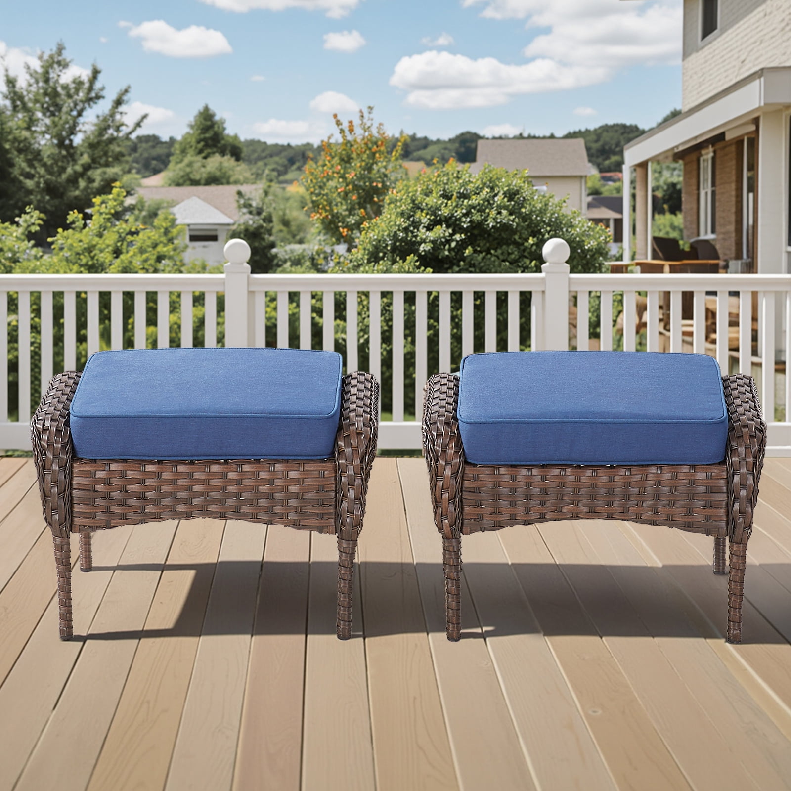 Hommoo Outdoor PE Wicker Ottomans Set of 2, Patio Brown Rattan Footrests with Cushion for Backyard or Deck, Blue