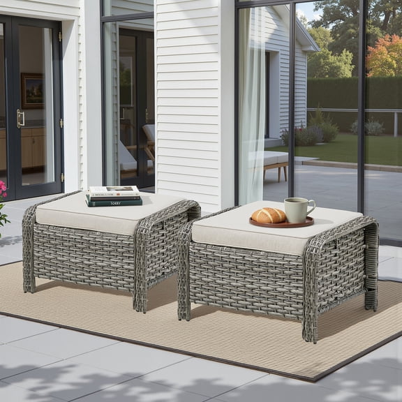 Hommoo Outdoor PE Wicker Ottomans Set of 2, Patio Rattan Footrests with Cushion for Backyard & Deck, Gray