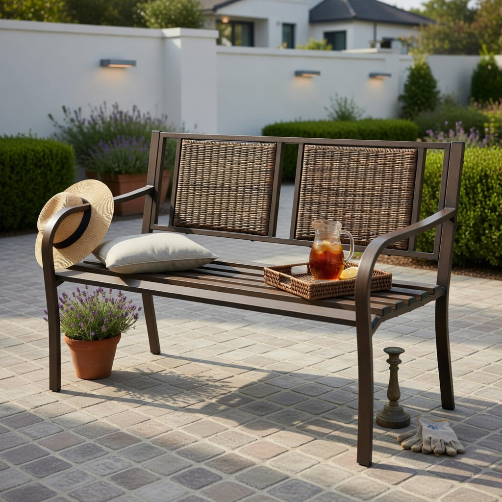 Hommoo Outdoor Patio Bench, Heavy-Duty Powder-Coated Steel Frame with All-Weather PE Rattan, Garden, Backyard & Balcony Seating, Bronze