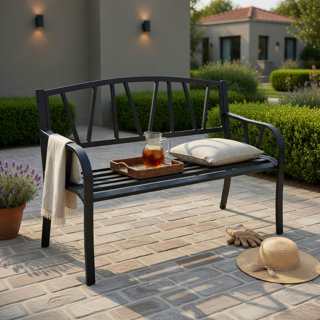 Hommoo Outdoor Patio Bench with Heavy-Duty Metal Frame, Slatted Garden Bench for Backyard, Porch & Deck, Ergonomic 105° Backrest, Black