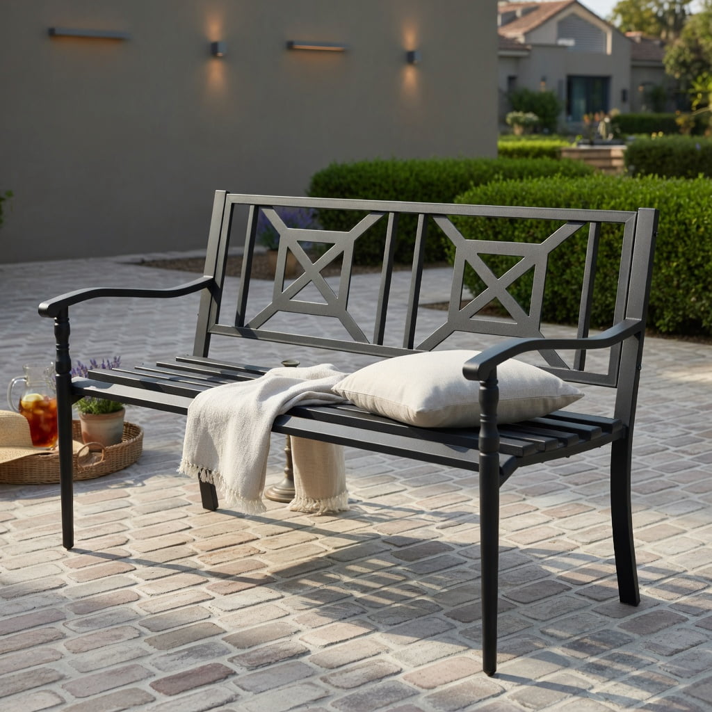 Hommoo Outdoor Patio Garden Bench, Modern Classic Design Heavy-Duty Powder-Coated Steel Bench for Backyard, Poolside & Balcony, Black