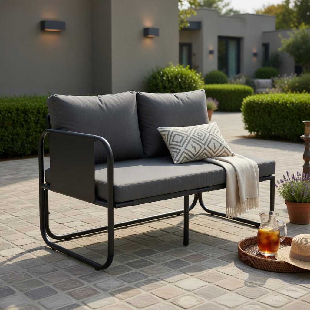 Hommoo Outdoor Patio Loveseat Sofa, 2-Person Metal Frame Couch with Removable Machine-Washable Cushions, Armrests & Adjustable Feet, Gray