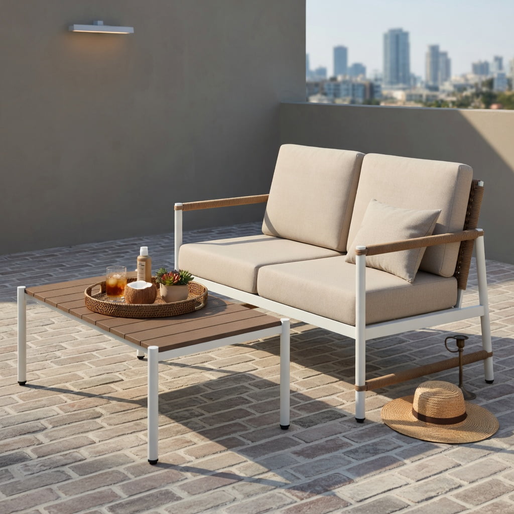Hommoo Outdoor Patio Loveseat Sofa & Coffee Table Set, Rust-Resistant Aluminum Frame, Thick High-Density Cushions, Modern PE Rattan Design for Backyard, Poolside & Balcony, Gray