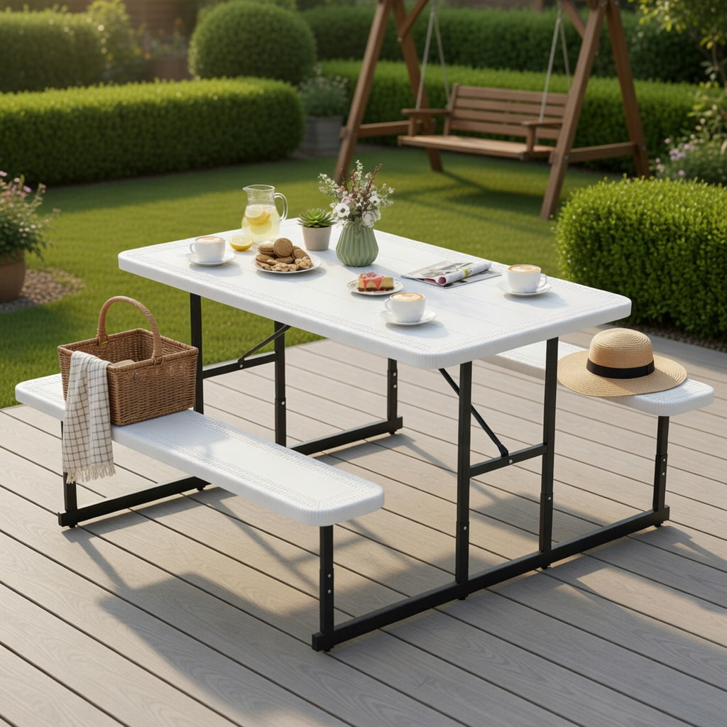 Hommoo Outdoor Picnic Table and Bench Set for 2-4 People, Rectangular HDPE Dining Table with Metal Frame, Weather-Resistant & Easy-Clean Design, White