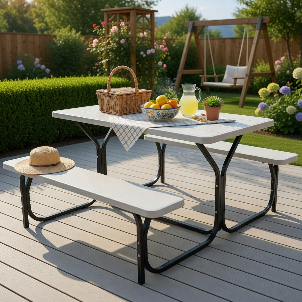 Hommoo Outdoor Picnic Table and Bench Set, HDPE Weather-Resistant Folding Patio Table with 2 Benches, White