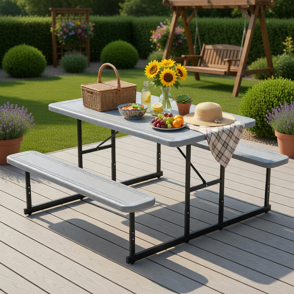 Hommoo Outdoor Picnic Table and Bench Set for 2-4 People, Rectangular HDPE Dining Table with Metal Frame, Weather-Resistant, Gray