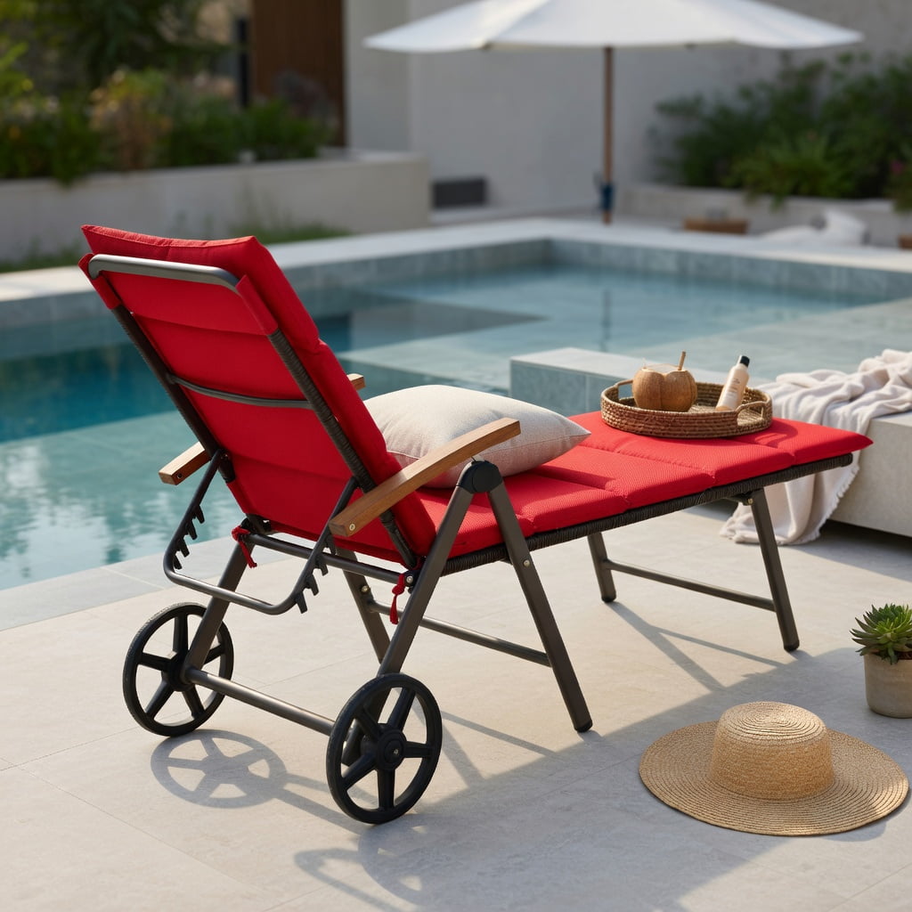 Hommoo Outdoor Rattan Chaise Lounge Chair with Adjustable Backrest & Wheels, PE Wicker Aluminum Frame, Foldable Sun Lounger for Patio, Pool, Deck, Red
