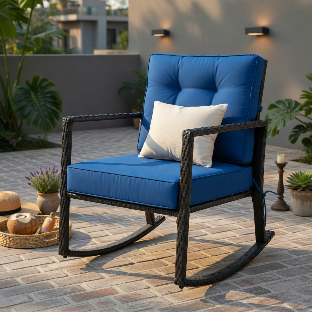 Hommoo Outdoor Rattan Rocking Chair with Thick Cushions, Sturdy PE Wicker & Steel Frame Glider for Patio, Backyard, Deck, Rustic Modern Lawn Chair, Navy