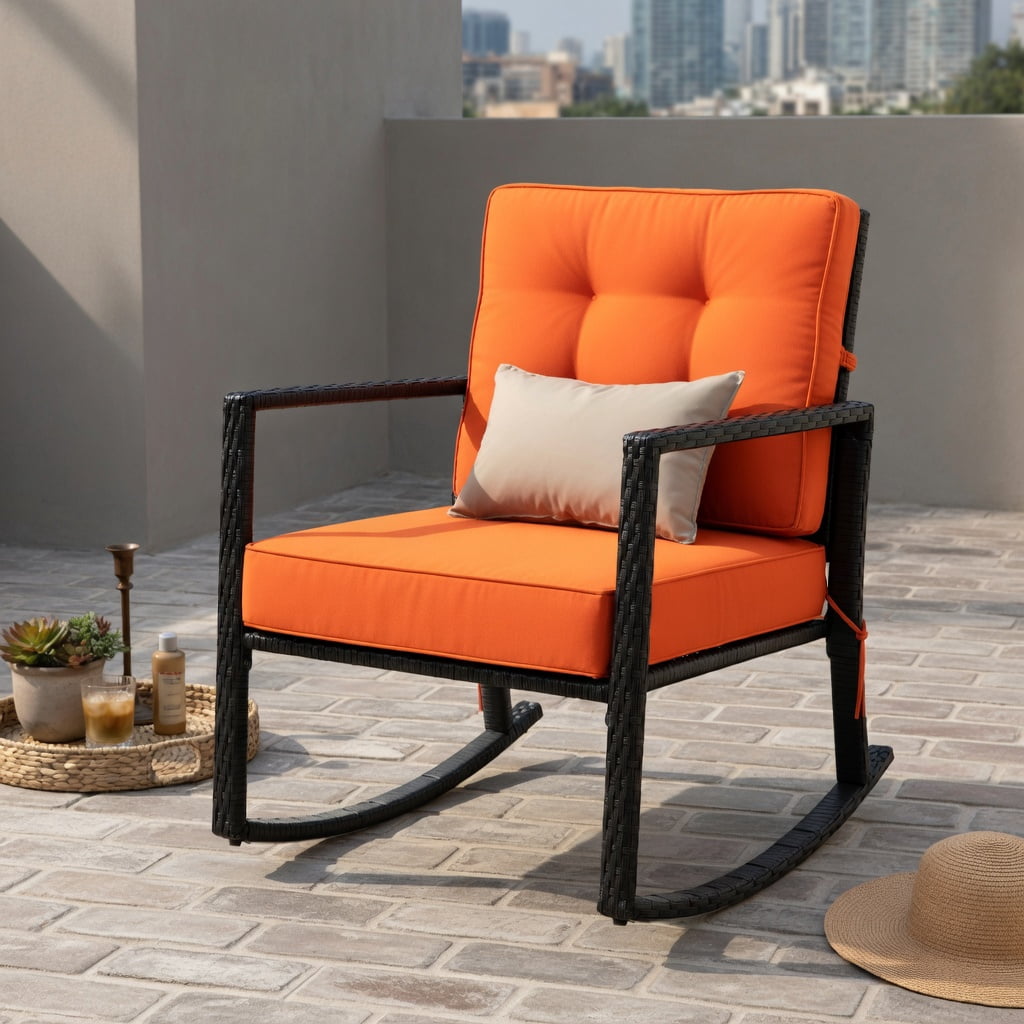 Hommoo Outdoor Rattan Rocking Chair with Thick Cushions, PE Wicker Glider for Patio, Backyard, Deck, Rustic Black Frame, Orange