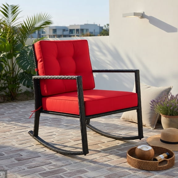 Hommoo Outdoor Rattan Rocking Chair with Thick Cushions, PE Wicker Glider for Patio, Backyard & Deck, Rustic Style, Weather-Resistant, Red