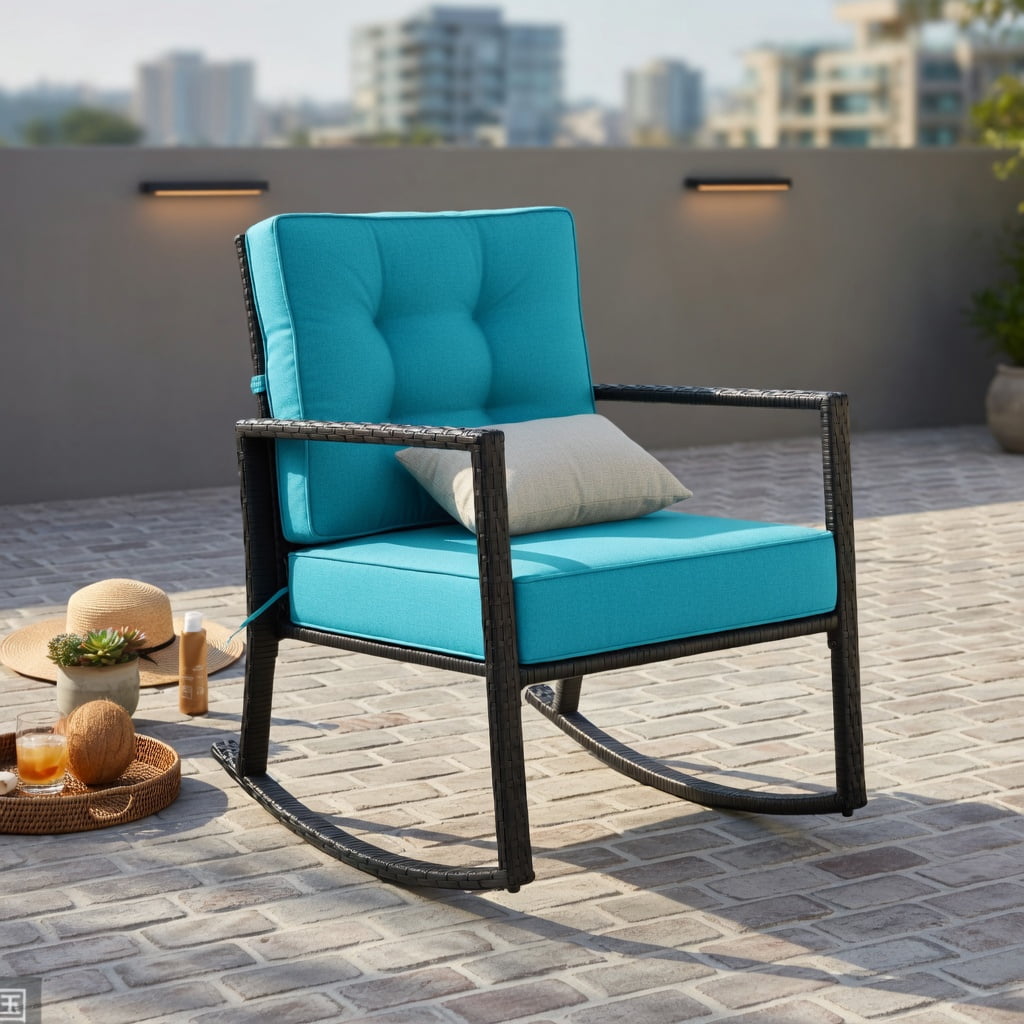Hommoo Outdoor Rattan Rocking Chair with Thick Tufted Cushions, Weather-Resistant Patio Glider for Deck, Backyard & Garden, Turquoise