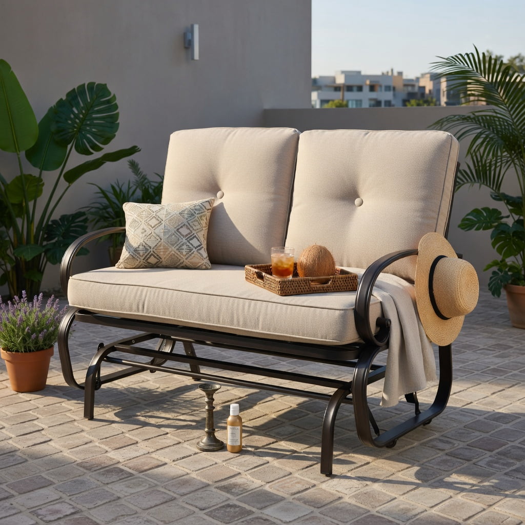 Hommoo Outdoor Rocking Bench Loveseat with Cushions, Steel Patio Bench for Deck, Backyard & Poolside, Seat & Back Cushions, Beige