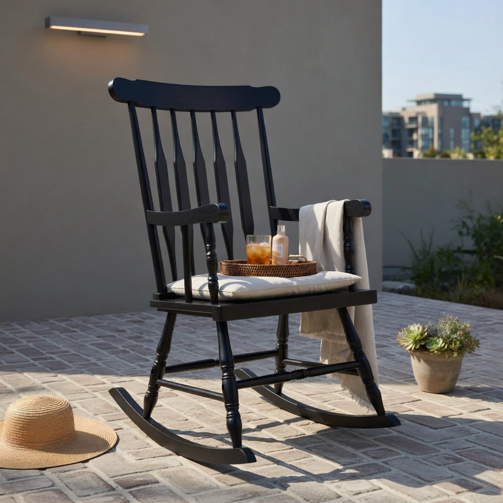 Hommoo Outdoor Rocking Chair, Solid Rubber Wood Patio Rocker with Slatted Backrest, Ergonomic Curved Armrests & High Back Support, Black