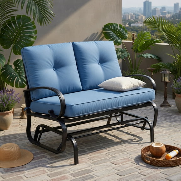Hommoo Outdoor Rocking Loveseat Bench with Cushions, Steel Frame Patio Bench for Backyard, Deck & Poolside, Cushioned 2-Person Rocker, Navy