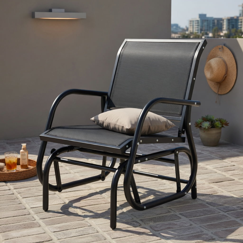 Hommoo Outdoor Single Swing Glider Rocking Chair, Heavy-Duty Steel Frame, Breathable Fabric Seat, All-Weather Patio Relaxation Chair, Black