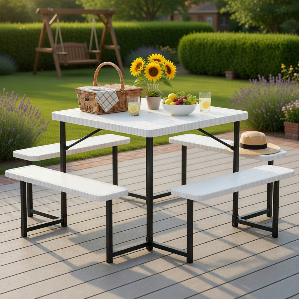 Hommoo Outdoor Square HDPE Picnic Table & Bench Set for 4–8 People, Includes Umbrella Hole & Weather-Resistant Metal Frame, White
