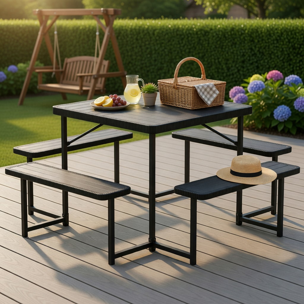 Hommoo Outdoor Square Picnic Table Set with Umbrella Hole, HDPE & Metal, Seats 4–8, Weather-Resistant Patio Dining Set, Black
