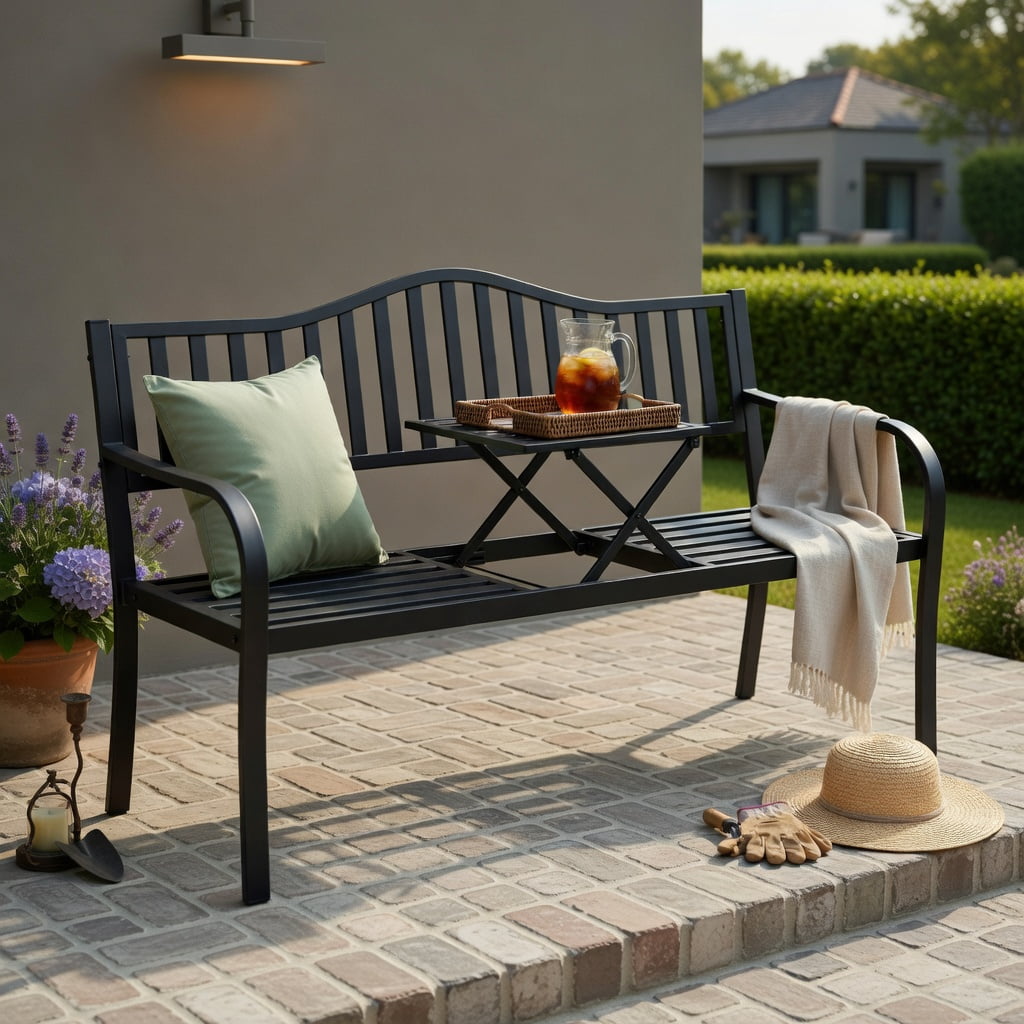 Hommoo Outdoor Steel Patio Bench with Foldable Center Table, Rust-Resistant Garden Seating for Backyard, Deck & Balcony, Black
