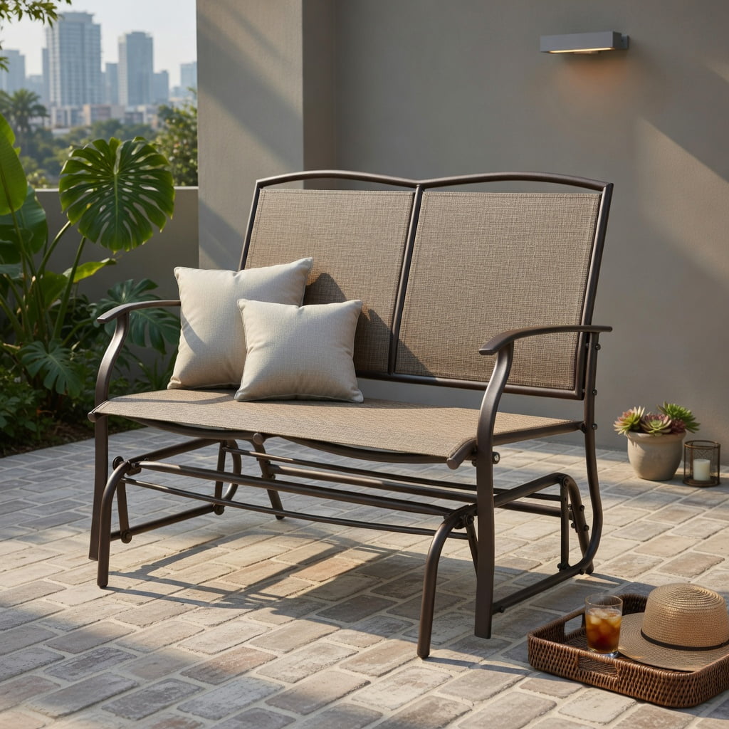 Hommoo Outdoor Steel Rocking Loveseat Chair, Textilene Seat, Backyard & Patio Relaxation Furniture, Brown