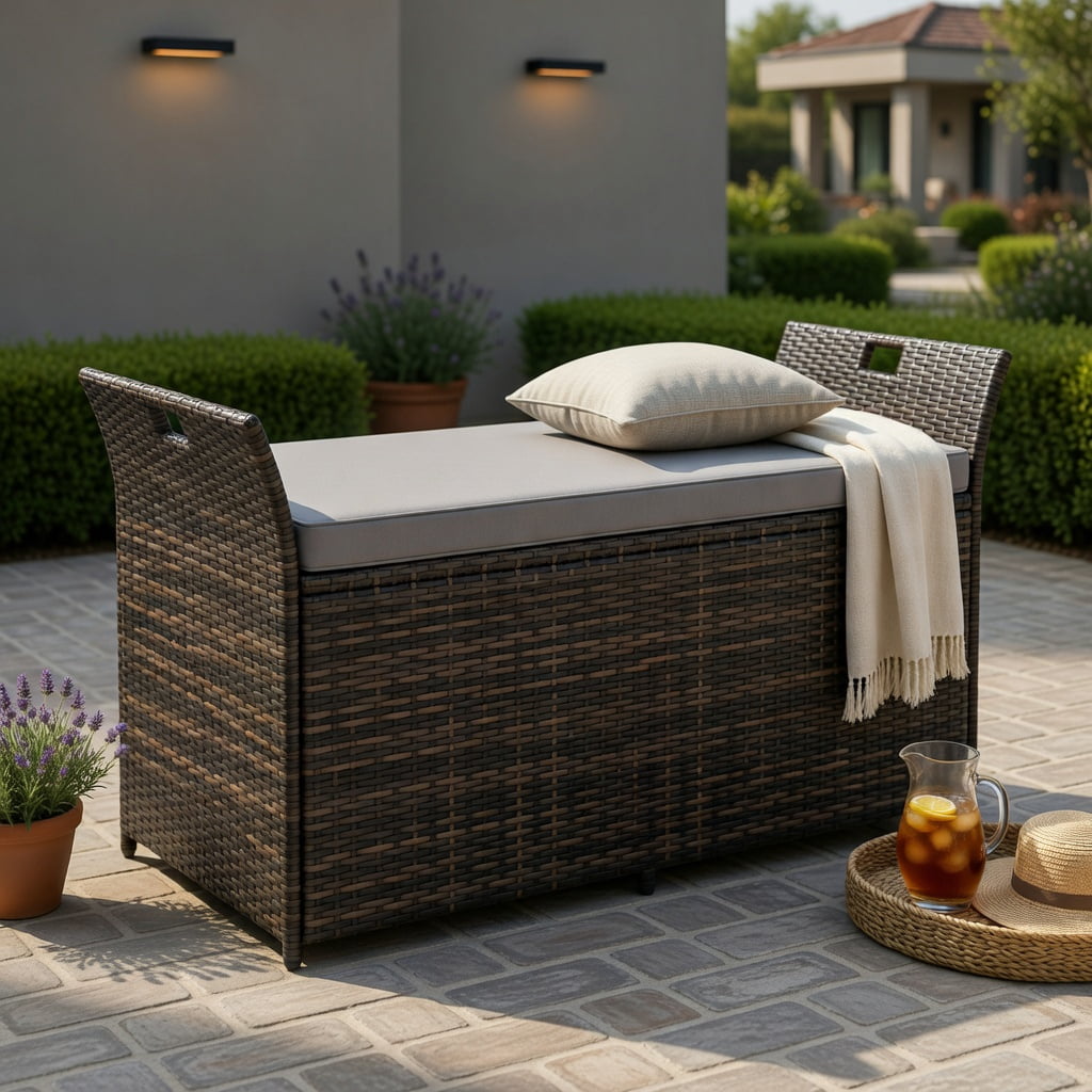 Hommoo Outdoor Storage Bench with Hand-Woven PE Rattan, 2-in-1 Seating + 68-Gallon Hidden Storage, Machine-Washable Cushion, Rustic Brown