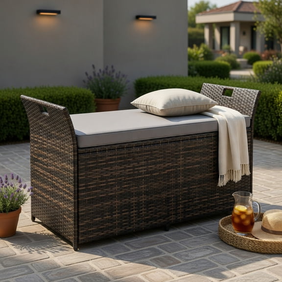 Hommoo Outdoor Storage Bench with Hand-Woven PE Rattan, 2-in-1 Seating + 68-Gallon Hidden Storage, Machine-Washable Cushion, Rustic Brown