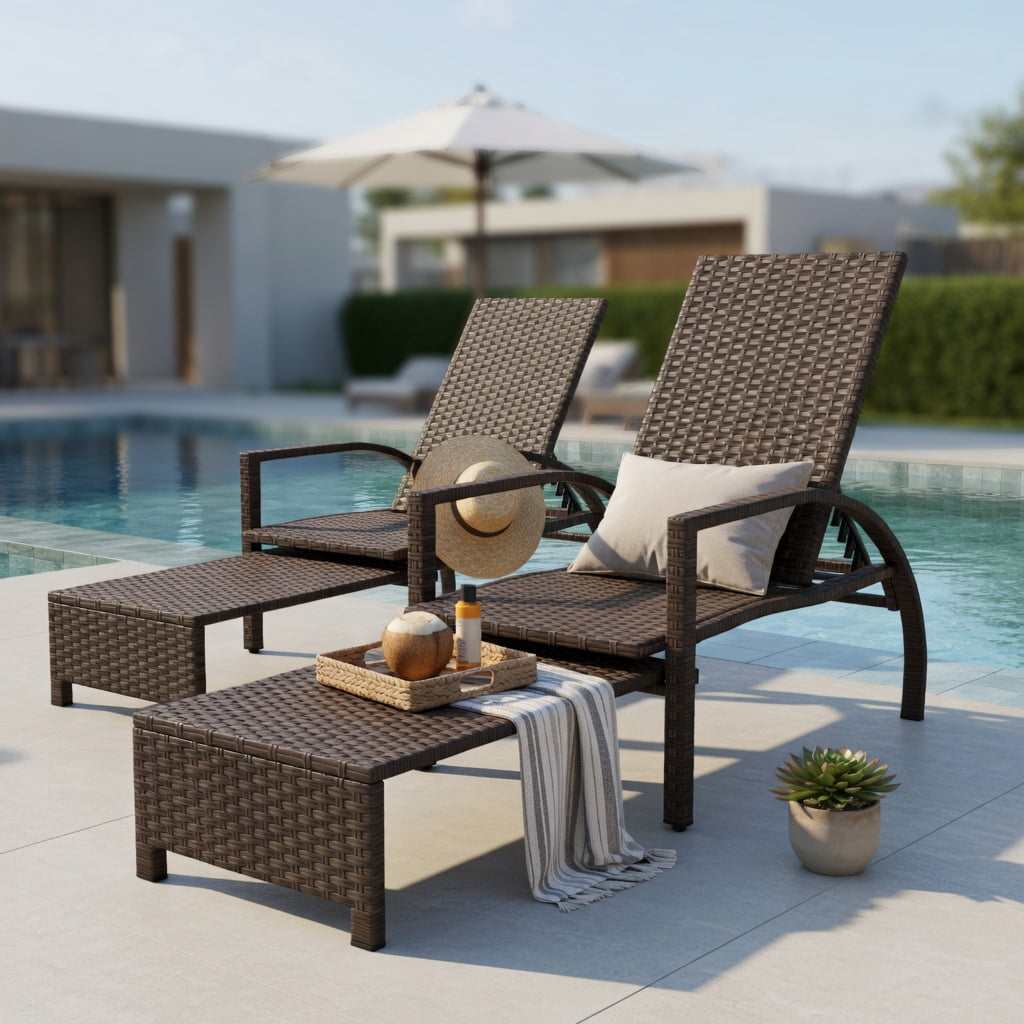 Hommoo Outdoor Wicker Chaise Lounge Chair with Retractable Ottoman, Adjustable 6-Position Backrest, PE Rattan & Steel Frame, Patio Lounger for Backyard, Poolside & Porch, Brown