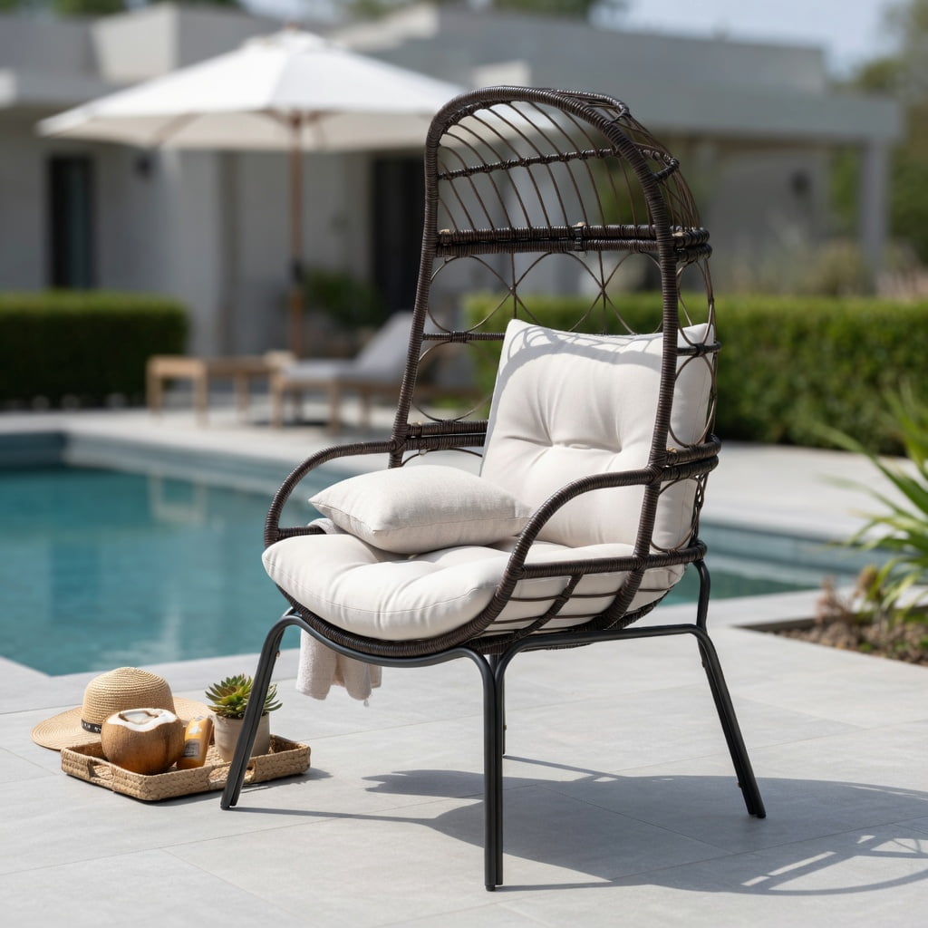 Hommoo Outdoor Wicker Egg Chair with Beige Cushions, PE Rattan Lounge Basket Chair for Patio, Backyard & Poolside, Ergonomic Design, Brown