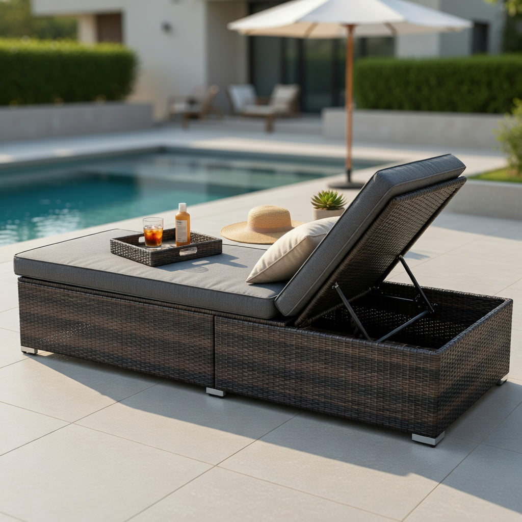 Hommoo Outdoor Wicker Lounge Chair with Adjustable 4-Position Backrest, Extra-Long Gray Cushion & Heavy-Duty Steel Frame, PE Rattan Patio Seating, Brown