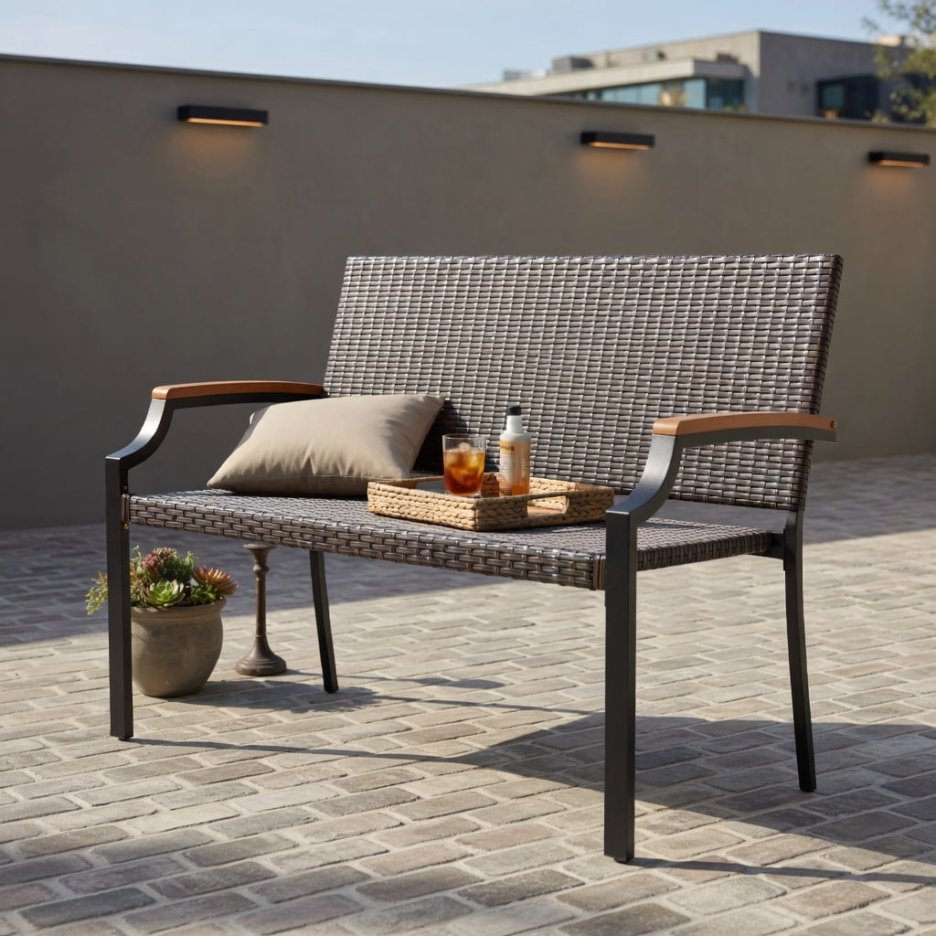 Hommoo Outdoor Wicker Loveseat with Acacia Wood Armrests & Heavy-Duty Metal Frame, PE Rattan Stackable Patio Sofa for Backyard, Porch, Garden, Brown
