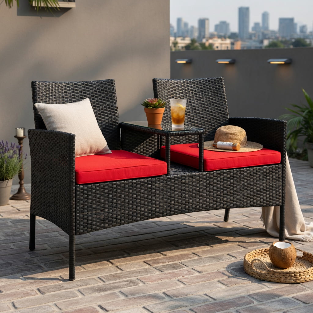 Hommoo Outdoor Wicker Loveseat with Built-in Tempered Glass Tables, Black PE Rattan, Heavy-Duty Metal Frame for Backyard, Porch & Poolside, Red