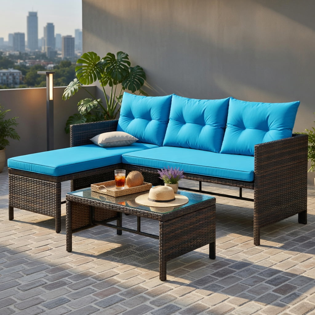 Hommoo Outdoor Wicker Patio Sofa Set, L-Shaped 3-Piece Rattan Sectional with Tempered Glass Coffee Table & Machine-Washable Cushions, Turquoise