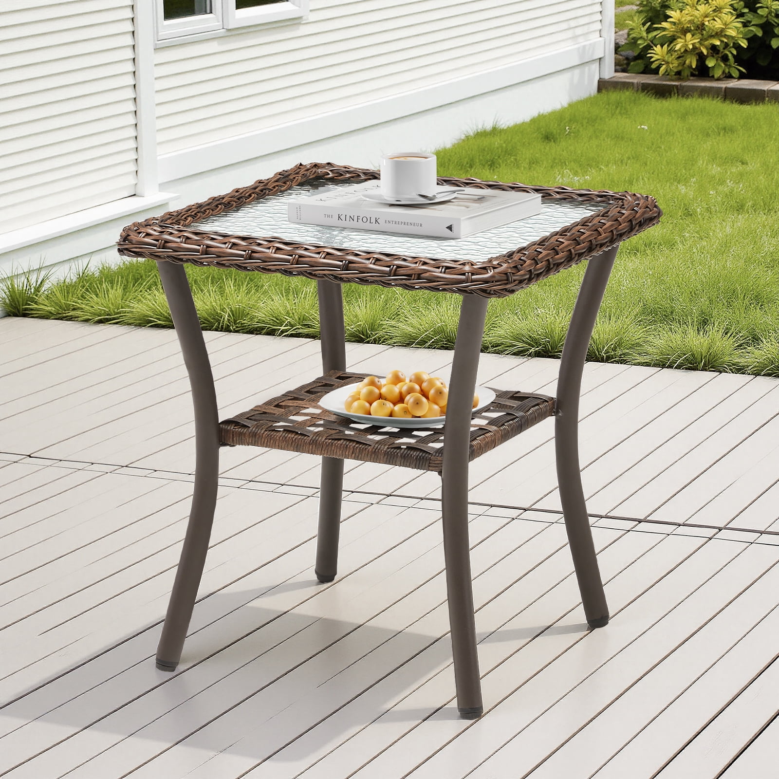 Hommoo Outdoor Wicker Side Table, Rattan Patio Table Square End Table for Pool Balcony Deck Porch, Brown