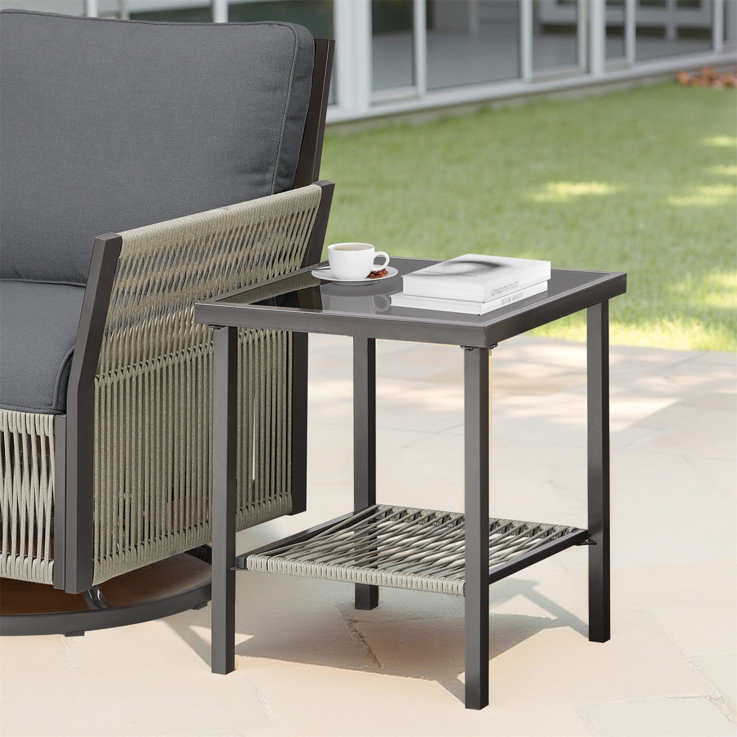 Hommoo Outdoor Wicker Side Table, Rattan Patio Table Square End Table for Pool Balcony Deck Porch Lawn Backyard, Dark Gray